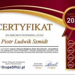 Certyfikat dla Piotra Ludwika Szmidta, ważny w roku 2023, potwierdzający aktywny udział w Systemie Aktywnej Współpracy Rynku Nieruchomości (GrupaSAW.pl) z datą 02-01-2023 i podpisem, zawiera złote...