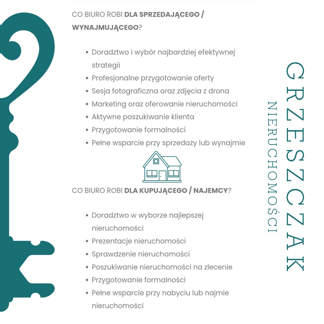 Infografika biura nieruchomości Grzeszczak, prezentująca zakres usług dla sprzedających/wynajmujących oraz kupujących/najemców, z ikoną domu i kluczem w lewym górnym rogu.