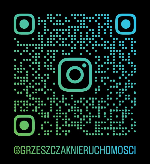 Gradientowy QR kod z logo Instagrama prowadzący do profilu @GRZESZCZAKNIERUCHOMOSCI.