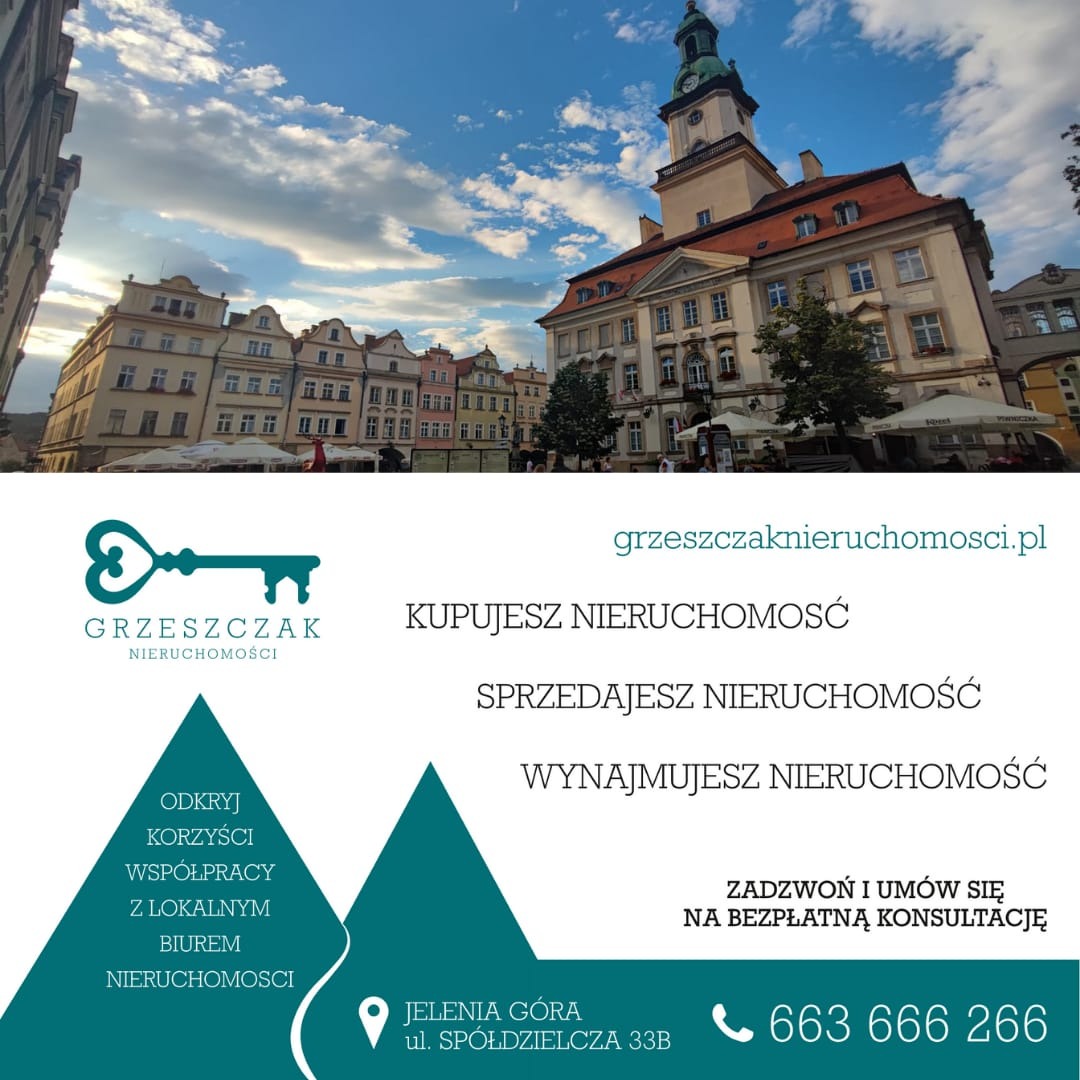 Reklama agencji nieruchomości Grzeszczak z panoramą Jeleniej Góry w tle, oferującej kupno, sprzedaż i wynajem nieruchomości.