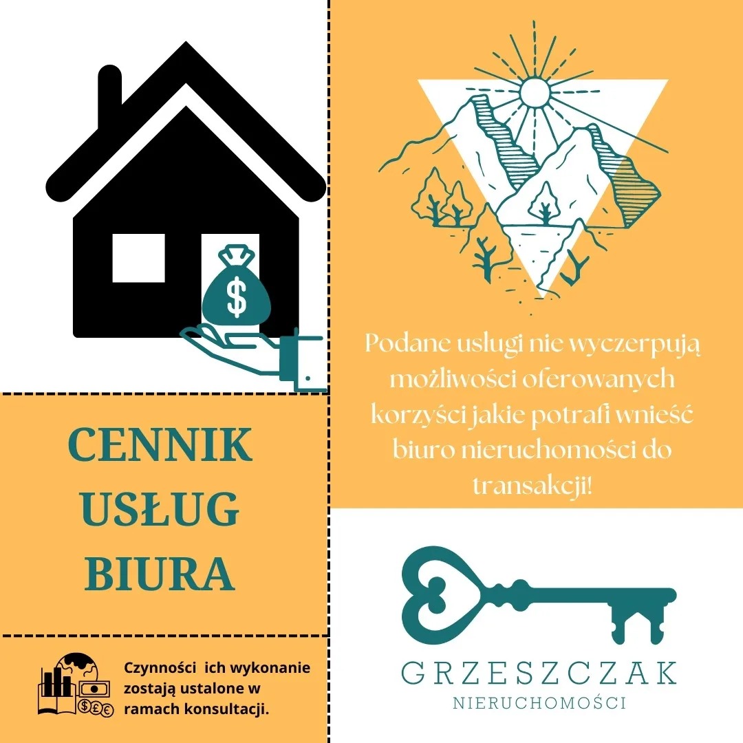 Grafika reklamowa biura nieruchomości: ikona domu z workiem pieniędzy na dłoni, góry z słońcem w trójkącie, klucz i nazwa 'Grzeszczak Nieruchomości', hasło 'Cennik usług biura' i informacja...
