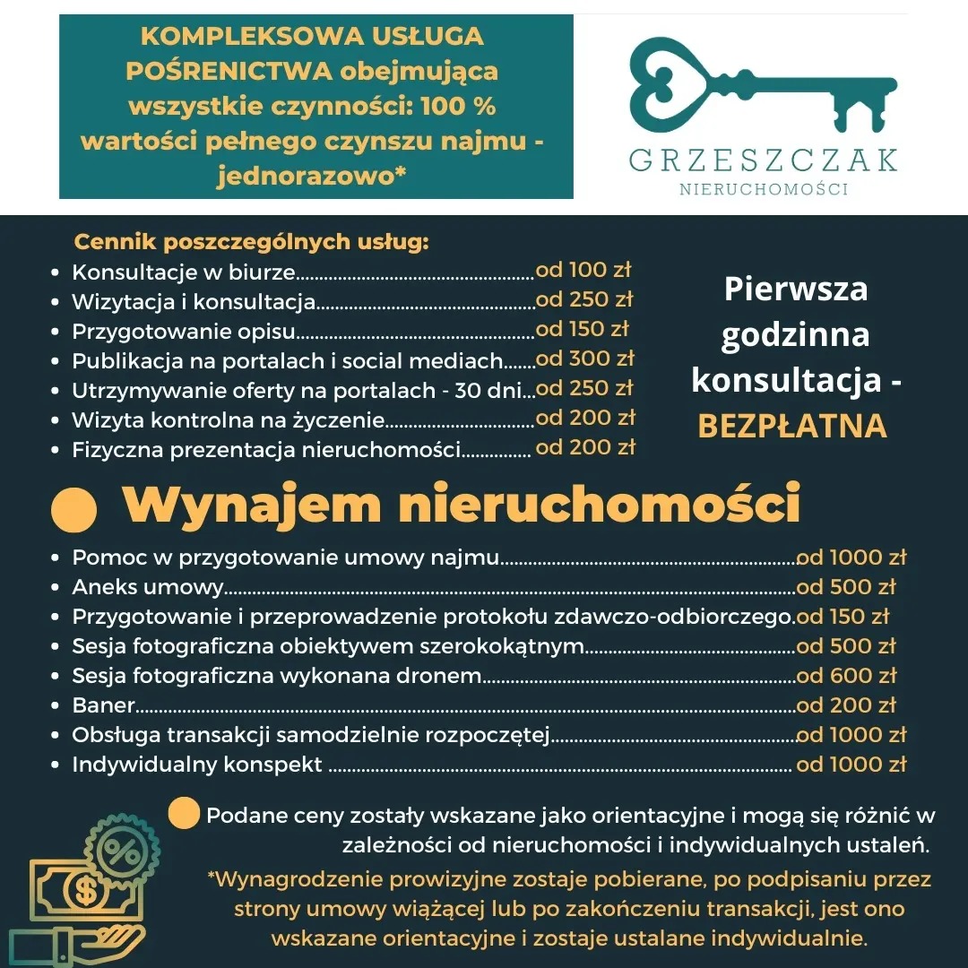 Grafika reklamowa agencji nieruchomości Grzeszczak, oferującej kompleksową usługę pośrednictwa wynajmu nieruchomości, z cennikiem usług takich jak przygotowanie umowy najmu, aneksów, sesji...