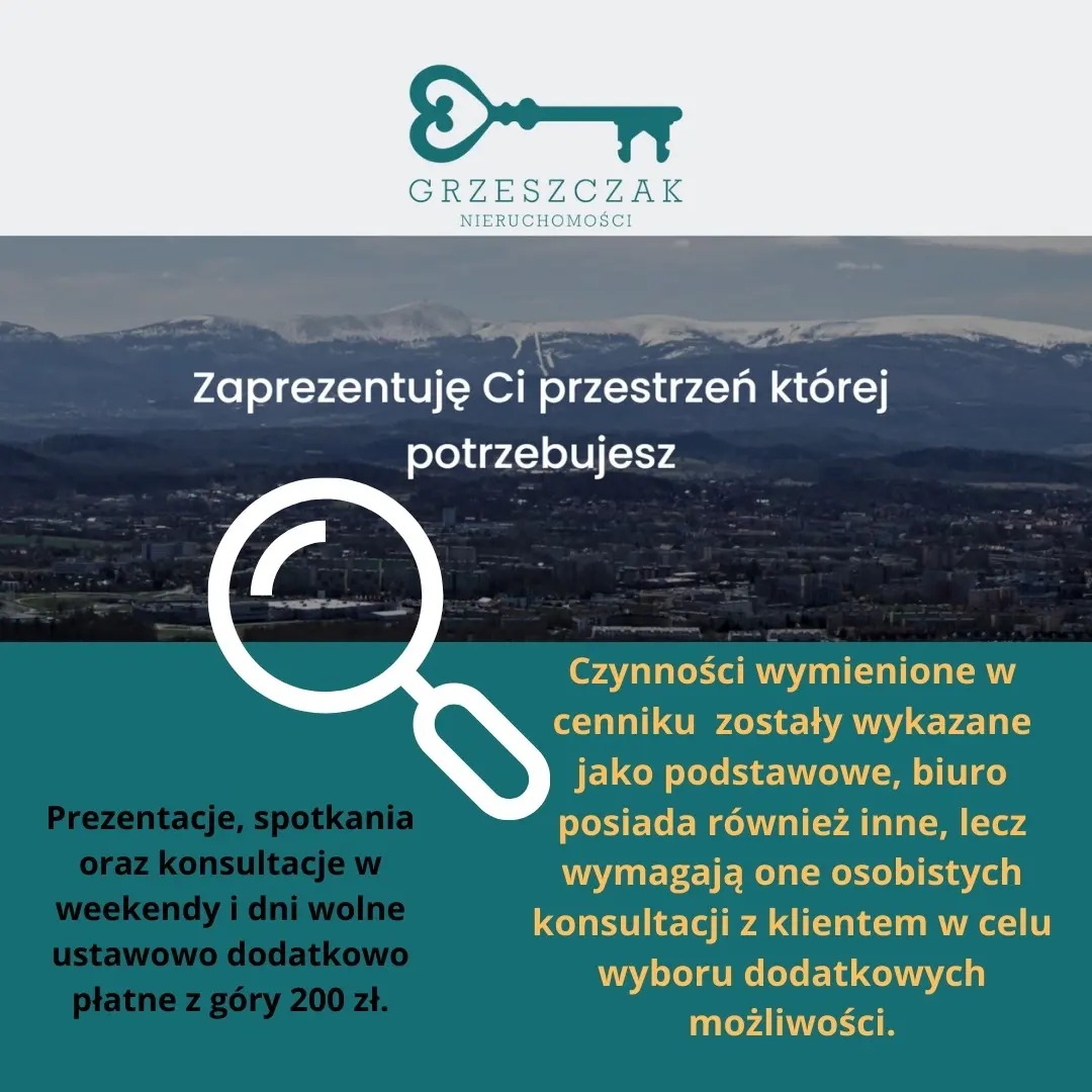 Grafika reklamowa agencji nieruchomości Grzeszczak z kluczem w logo, panoramą miasta i gór w tle, powiększona lupą, z informacją o prezentacjach, spotkaniach i konsultacjach płatnych dodatkowo...