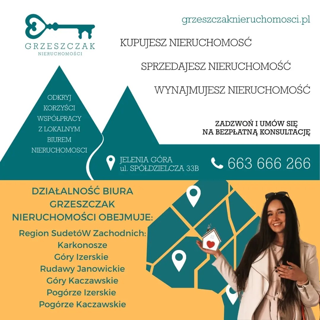 Reklama biura nieruchomości Grzeszczak z Jeleniej Góry, oferującego kupno, sprzedaż i wynajem nieruchomości w regionie Sudetów Zachodnich, z uśmiechniętą konsultantką trzymającą model domu z sercem.