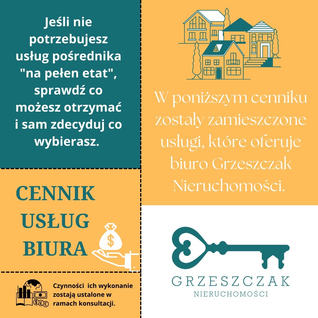 Grafika reklamowa biura nieruchomości Grzeszczak z informacją o cenniku usług, stylizowanymi rysunkami domów i kluczem jako logo.
