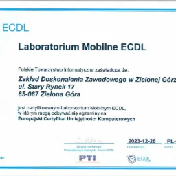 Certyfikat laboratorium mobilnego ECDL, potwierdzający możliwość przeprowadzania egzaminów na Europejski Certyfikat Umiejętności Komputerowych, wydany przez Polskie Towarzystwo Informatyczne...