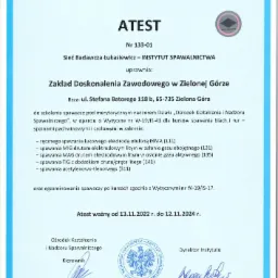 Skan atestu Instytutu Spawalnictwa Łukasiewicz uprawniającego do szkolenia spawaczy w różnych metodach, w tym MMA, MIG, MAG i TIG, ważny do 12.11.2024.