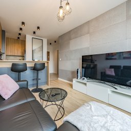 Dagmara Parzych Nieruchomości - Nowoczesne wnętrze mieszkania z aneksem kuchennym, szarym betonem dekoracyjnym na ścianie, skórzaną sofą z różową poduszką i okrągłym stolikiem kawowym.