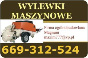 Grafika reklamowa z brązowym tłem prezentująca maszynę do wylewek, nazwę firmy Magnum, adres email maxim777@vp.pl oraz numer telefonu 669-312-524.