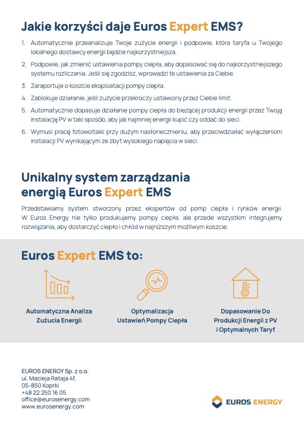 Grafika informacyjna prezentująca korzyści systemu zarządzania energią Euros Expert EMS, w tym automatyczną analizę zużycia, optymalizację ustawień oraz dopasowanie do produkcji energii...