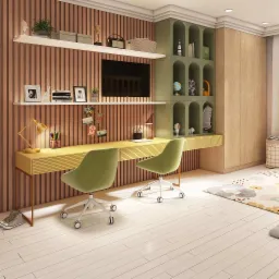 Wizualizacja pokoju z dwoma stanowiskami pracy: biurko z zielonymi krzesłami na kółkach, drewniane lamele na ścianie, półki z dekoracjami, telewizor i dywan w kwiaty.