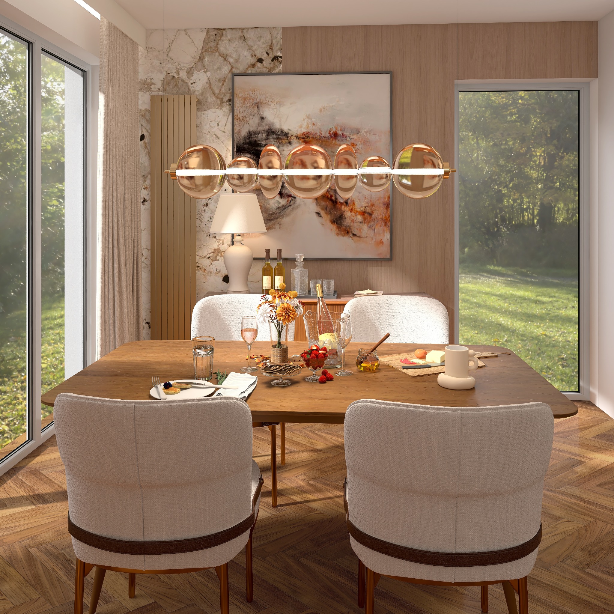 Stylowa jadalnia z drewnianym stołem, nakrytym do posiłku. Nad stołem wisi nowoczesna lampa. W tle widoczne okno z widokiem na zieleń i dekoracyjny panel ścienny.