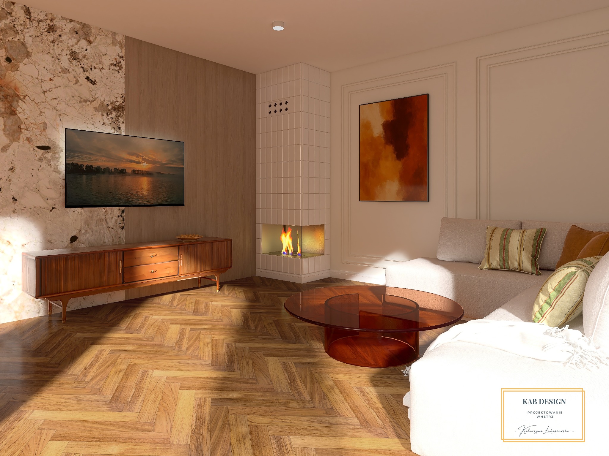 Salon z parkietem w jodełkę, kominkiem z białych kafli i telewizorem na ścianie z marmuru. Nowoczesny design wnętrza z okrągłym stolikiem kawowym.