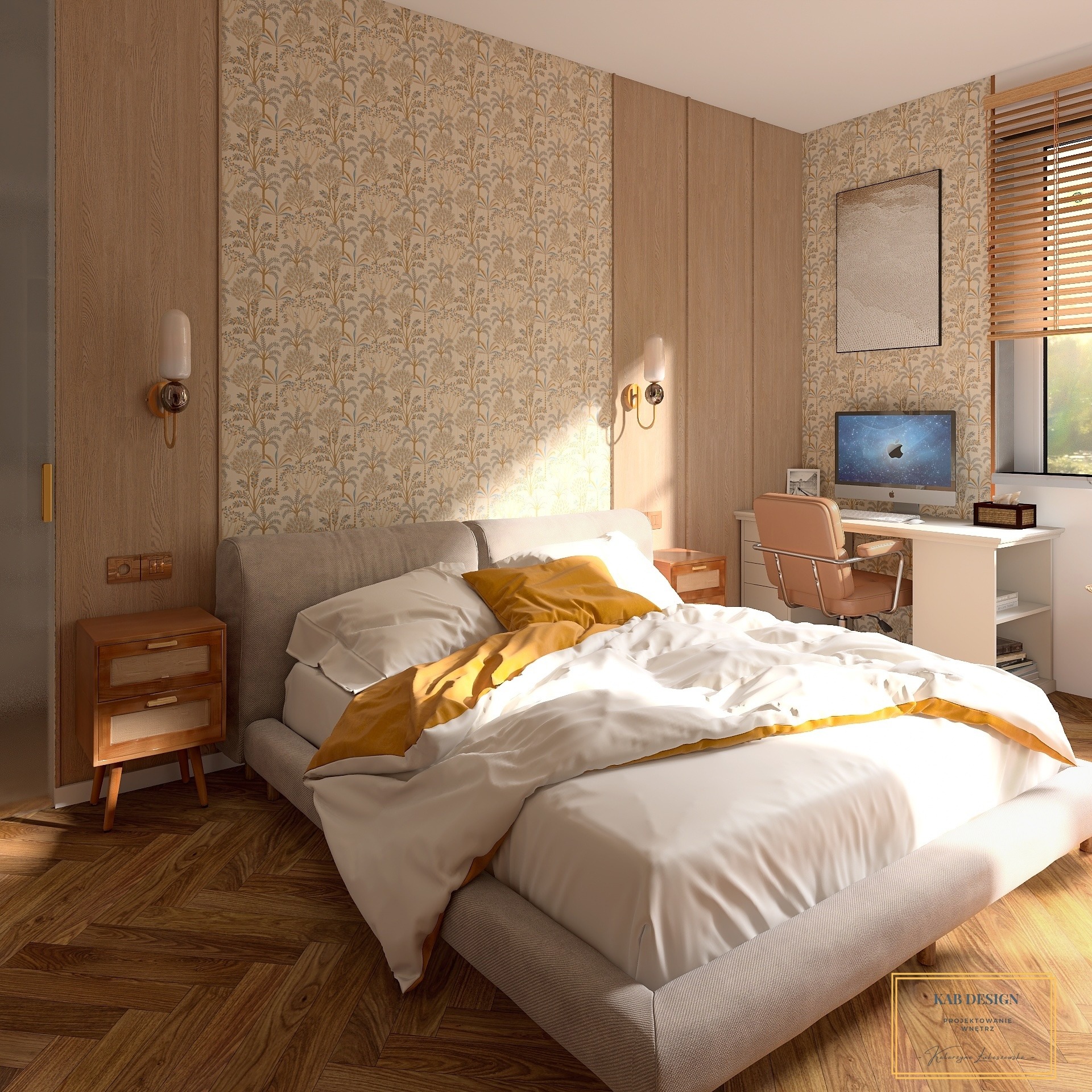 Projekt sypialni z łóżkiem, biurkiem i tapetą w roślinny wzór. Parkiet w jodełkę, lampki nocne. Aranżacja wnętrza w ciepłych barwach.