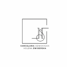 Minimalistyczne logo kancelarii adwokackiej Helena Świderska, czarne linie tworzące inicjały w kwadracie na białym tle.