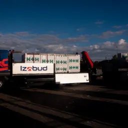 Ciężarówka z logo Izabud załadowana bloczkami betonu komórkowego H+H na tle błękitnego nieba z chmurami.