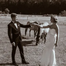 Para młoda w strojach ślubnych trzymająca się za ręce na łące, w tle dwa konie pasące się, zdjęcie w sepii.