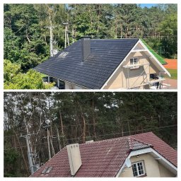 Dekielski Dekarsko Ciesielski - Porównanie dwóch domów: jeden z nowym, grafitowym pokryciem dachowym i oknami dachowymi, drugi ze starym, czerwonym dachem z anteną satelitarną i kominem, oba otoczone drzewami.