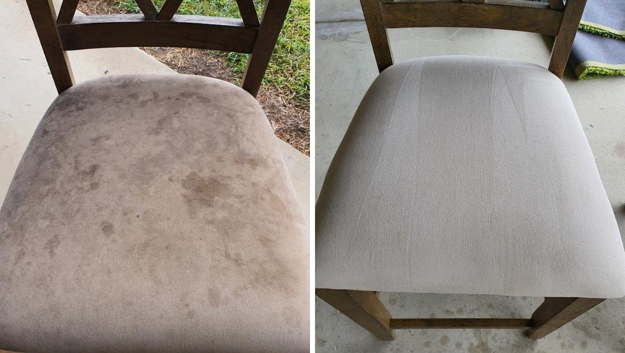 Krzesło tapicerowane: po lewej stronie widoczny silnie zabrudzony materiał, po prawej efekt po wyczyszczeniu, ukazujący odświeżoną, jednolitą barwę.