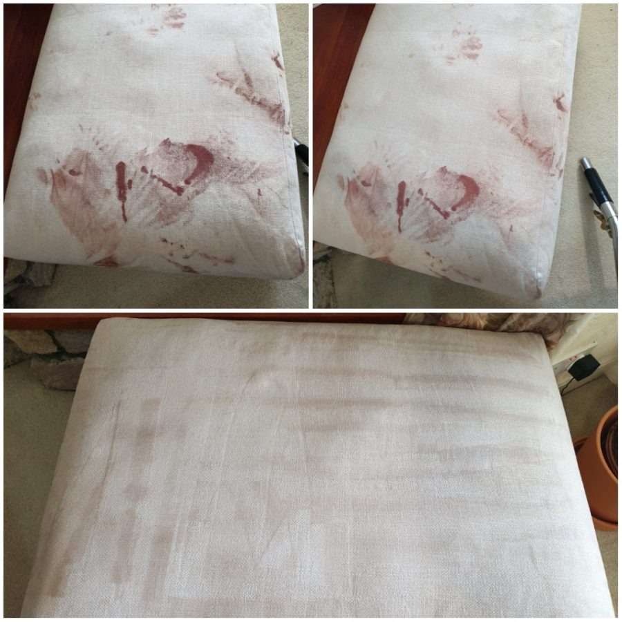 Kolaż przedstawiający poduszkę krzesła tapicerowanego przed i po czyszczeniu, z widocznymi plamami i efektem ich usunięcia.