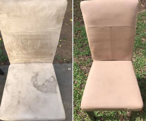 Krzesło tapicerowane z widoczną różnicą przed i po czyszczeniu, dzielone pionowo na dwie części, z lewej strony zabrudzone, z prawej odświeżone, na tle trawy.