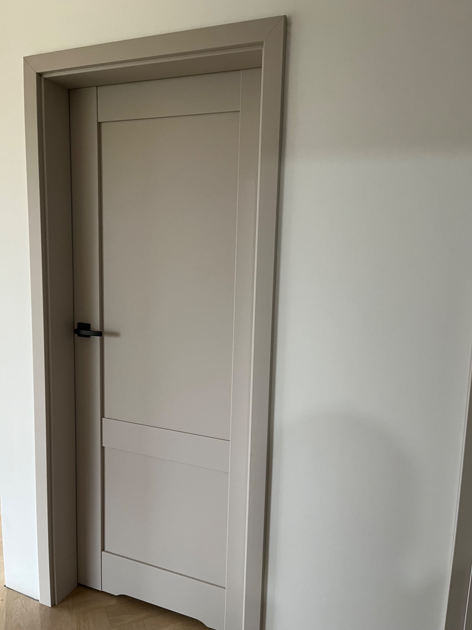 Zamknięte, szare drzwi z czarną klamką, w szarej ościeżnicy, na tle jasnej ściany.