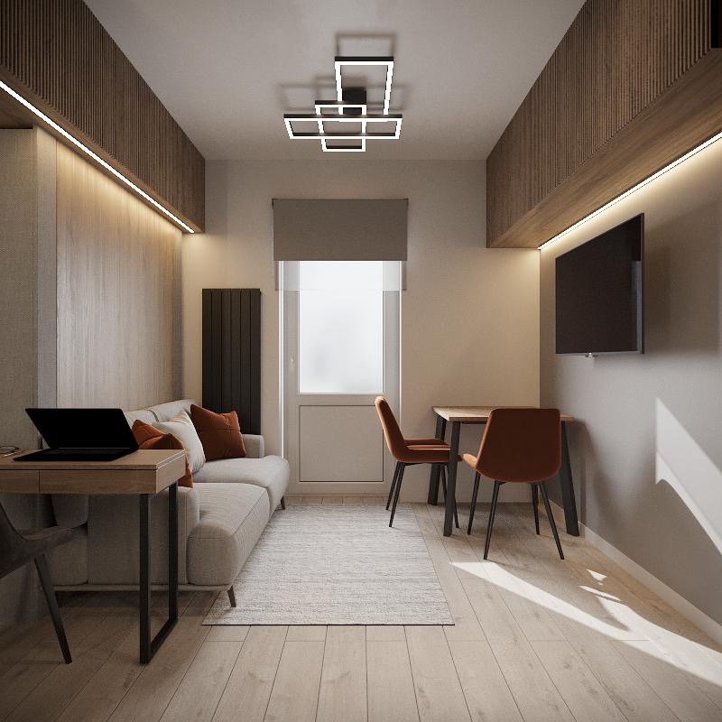 Nowoczesny pokój dzienny z sofą, stołem jadalnym i telewizorem. Sufit zdobi designerska lampa. W tle widoczne drzwi balkonowe.