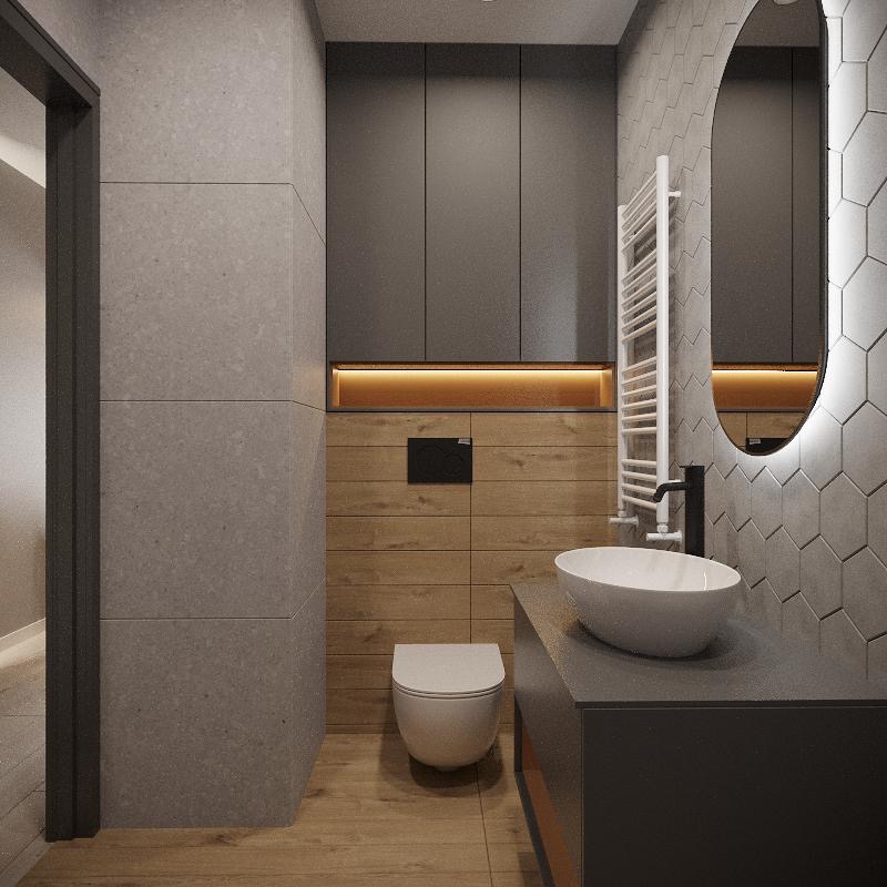 Nowoczesna łazienka z drewnopodobną okładziną ścienną, heksagonalnymi płytkami z podświetleniem LED wokół owalnego lustra, białą umywalką nablatową i grzejnikiem drabinkowym.