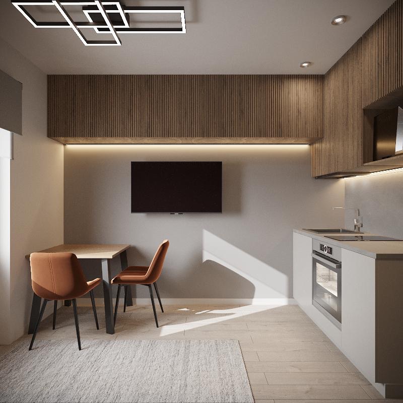 Nowoczesna kuchnia z drewnianymi akcentami, minimalistycznym oświetleniem i stołem jadalnym z brązowymi krzesłami, telewizor na ścianie, jasna podłoga i dywan.