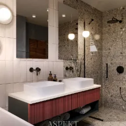 Wizualizacja łazienki z dwoma umywalkami nablatowymi, szafką z czerwonymi lamelami i szarą obudową, oraz kabiną prysznicową wyłożoną płytkami imitującymi lastryko. Na ścianie białe płytki...