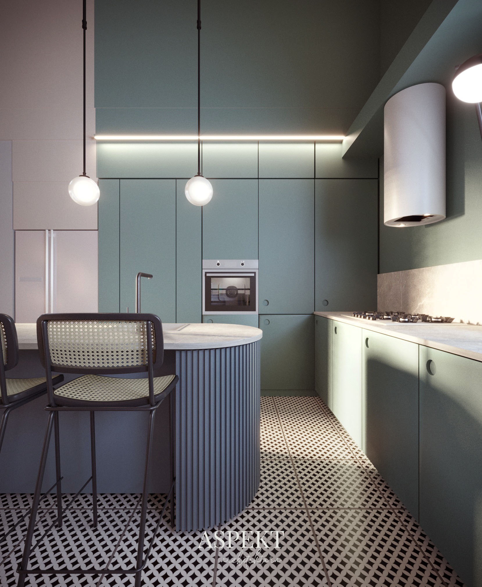 Nowoczesna kuchnia w odcieniach zieleni z wyspą z szarymi lamelami, czarno-białą wzorzystą podłogą i wiszącymi lampami kulami.