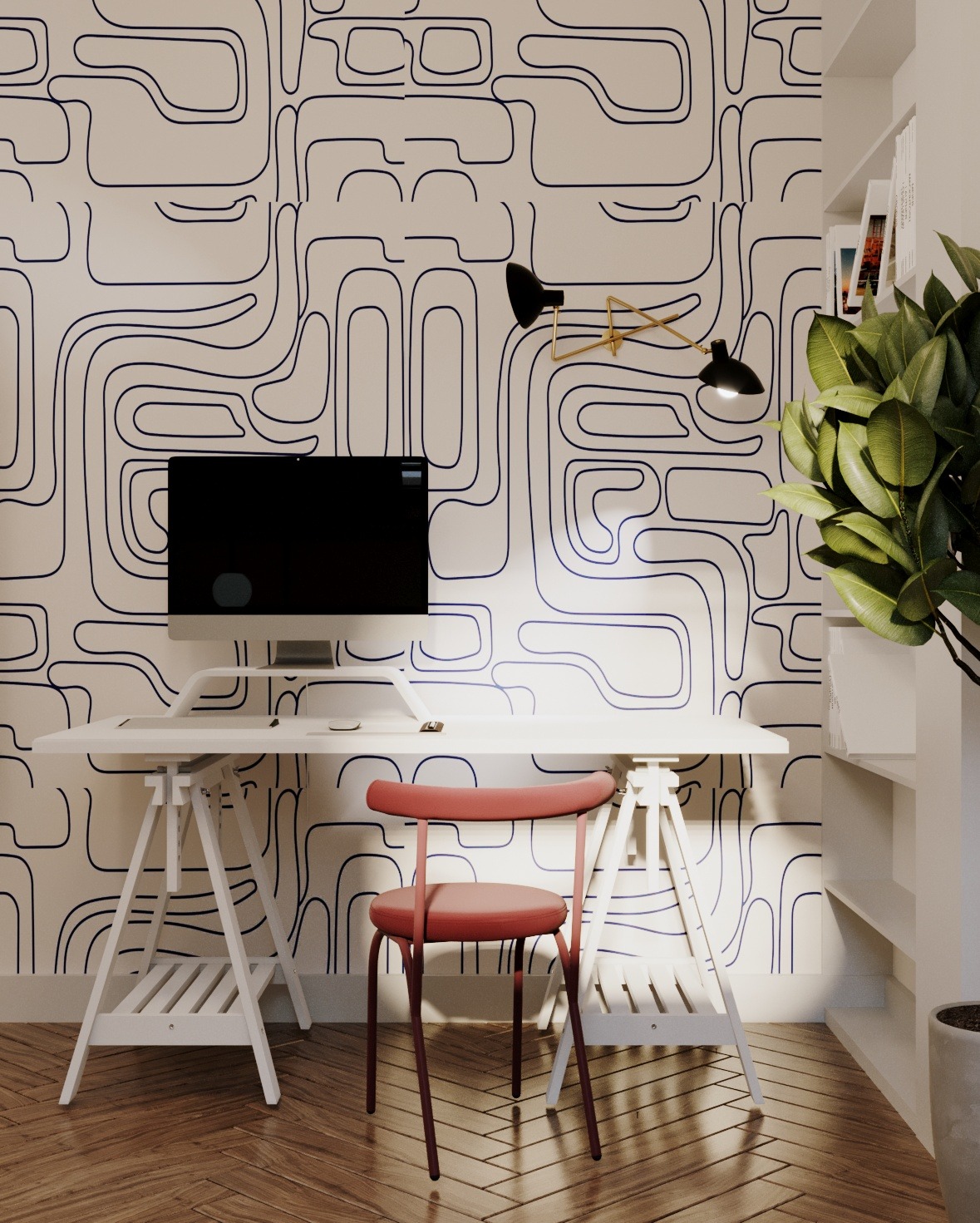 Wnętrze domowego biura z białym biurkiem na kozłach, czerwonym krzesłem i ścianą w abstrakcyjne wzory, oświetlone lampą na wysięgniku, z parkietem w jodełkę na podłodze i rośliną doniczkową obok...