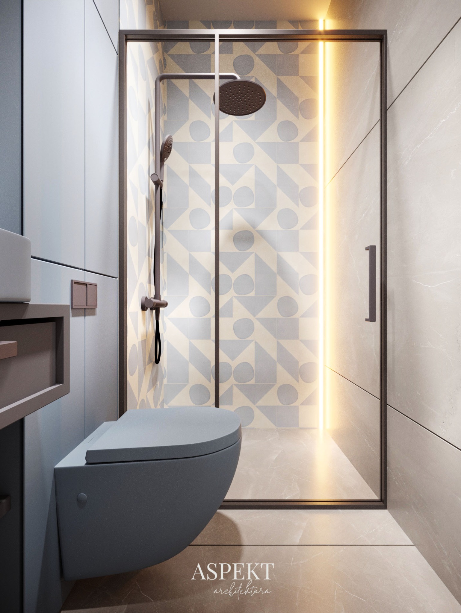 Nowoczesna łazienka z kabiną prysznicową typu walk-in, geometryczne płytki w odcieniach szarości i beżu, podświetlenie LED w kabinie, wisząca toaleta w kolorze grafitowym.