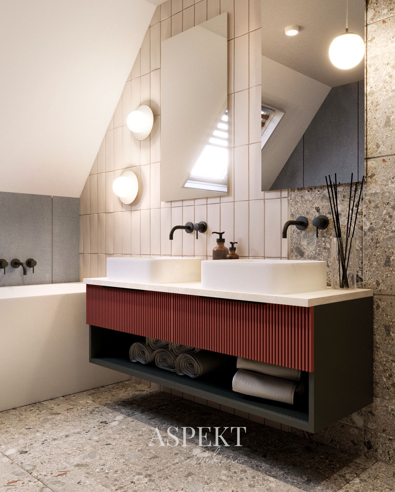 Nowoczesna łazienka na poddaszu z dwoma umywalkami nablatowymi, czarną armaturą i szafką z lamelami w kolorze terakoty oraz widocznymi ręcznikami.