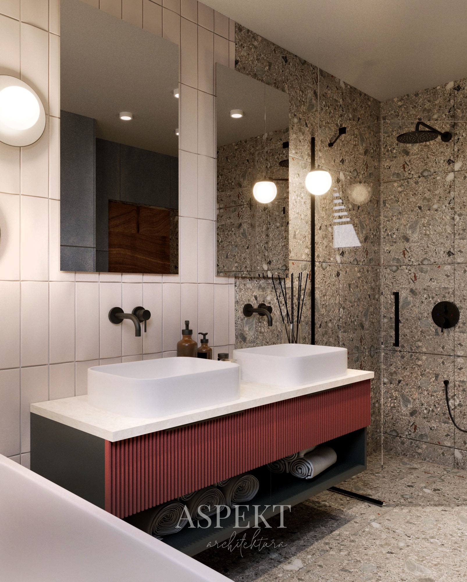 Wizualizacja łazienki z dwoma umywalkami nablatowymi, szafką z czerwonymi lamelami i szarą obudową, oraz kabiną prysznicową wyłożoną płytkami imitującymi lastryko. Na ścianie białe płytki...