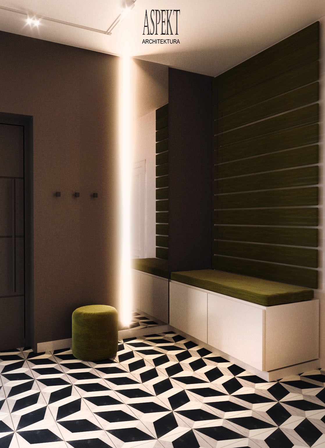 Nowoczesny przedpokój z geometryczną podłogą, wbudowaną szafką z siedziskiem i pionowym oświetleniem LED, uzupełniony zielonym pufem.