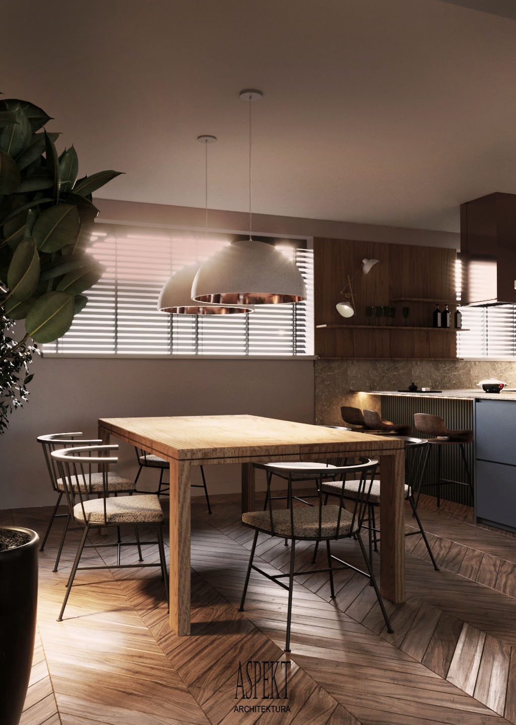 Jasne, drewniane wnętrze jadalni z parkietem w jodełkę, stołem z krzesłami i lampami wiszącymi, widok na kuchnię z półkami i dekoracjami, roślina doniczkowa w lewym rogu.