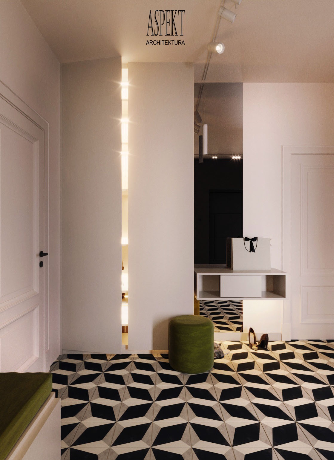 Nowoczesny przedpokój z geometryczną posadzką, zielonym pufem i ukrytą szafą z oświetleniem. Widoczna torebka na półce i para butów.