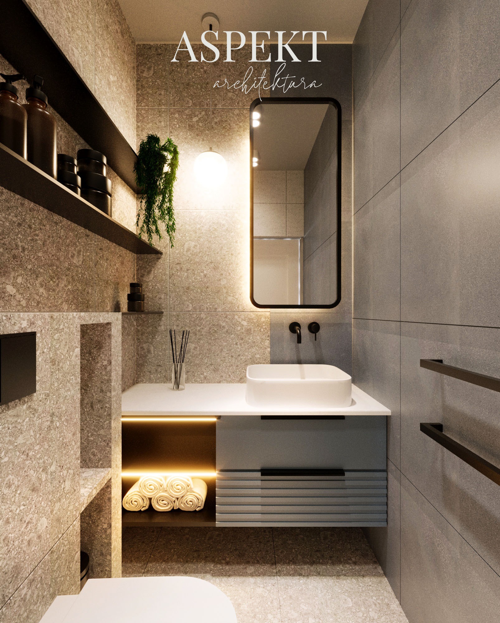 Nowoczesna aranżacja łazienki z podświetlanym lustrem, szarymi płytkami, białą umywalką nablatową i dekoracyjnymi ręcznikami, uzupełniona o wiszące rośliny i czarne akcenty.