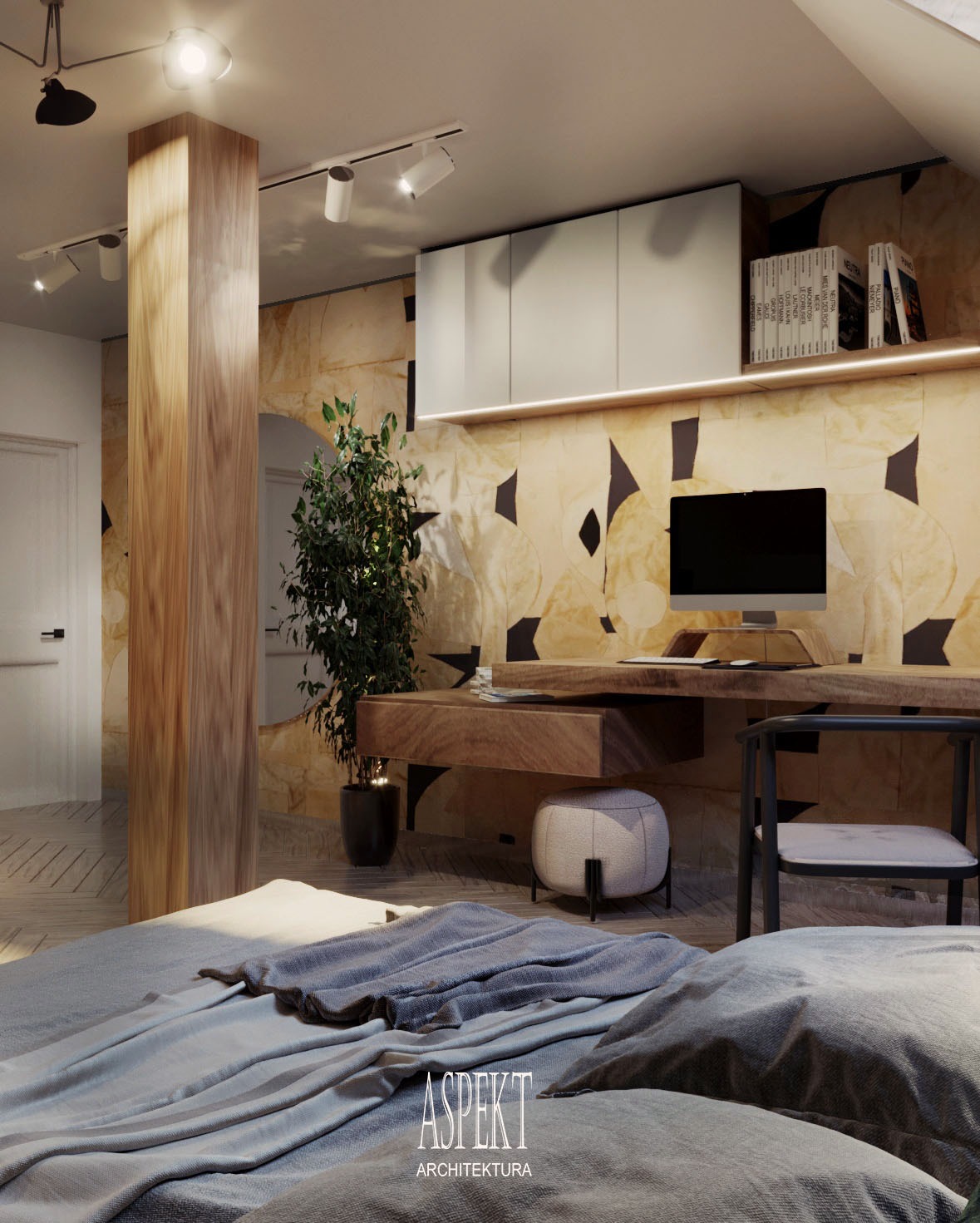 Nowoczesna aranżacja wnętrza sypialni z biurkiem, drewnianym słupem i dekoracyjną ścianą z geometrycznym wzorem, oświetlona punktowymi lampami sufitowymi, widok z perspektywy łóżka.