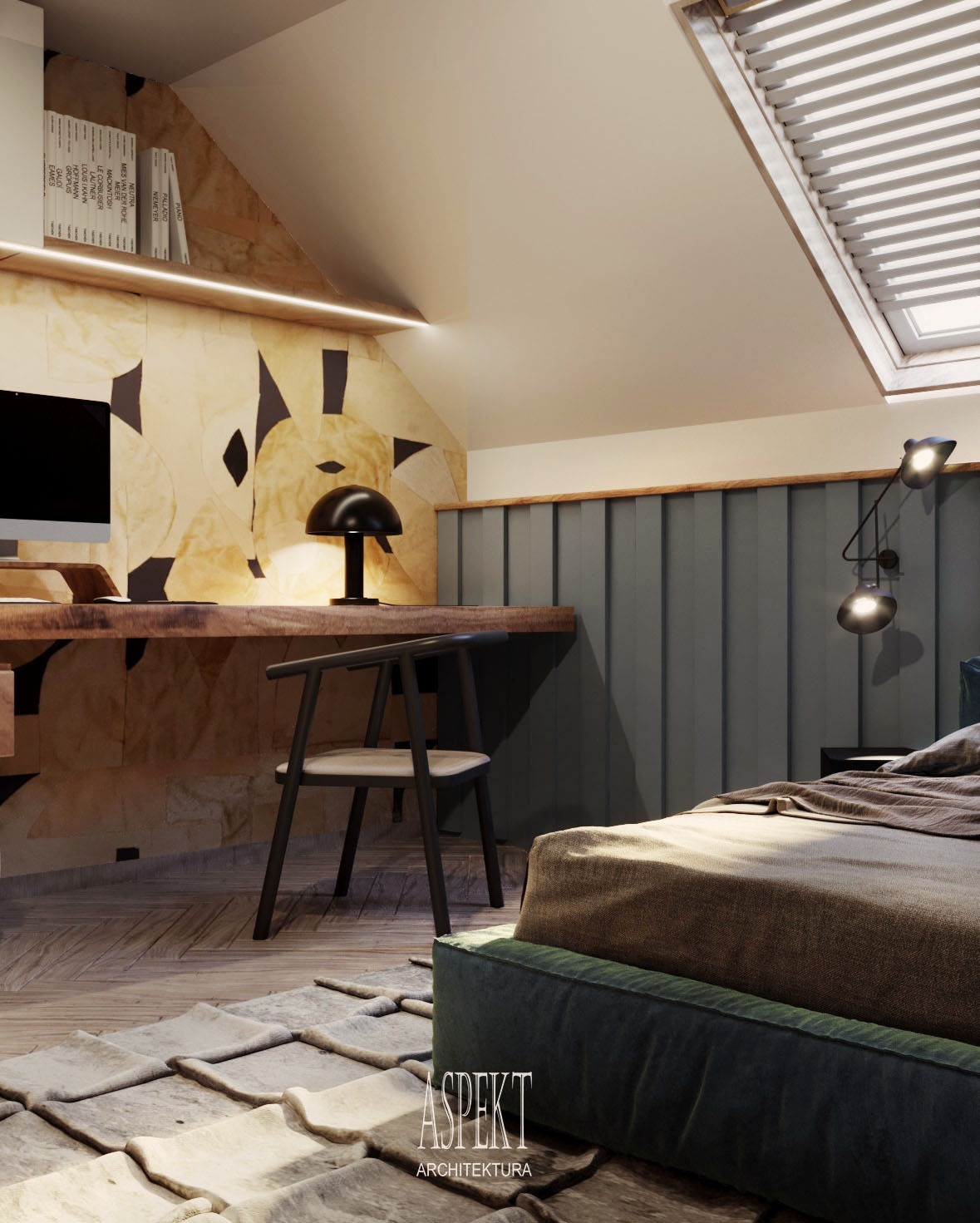 Pokój na poddaszu z biurkiem z litego drewna, krzesłem z czarnymi nogami, łóżkiem z zieloną ramą i dywanem ze skóry owczej, oświetlony lampą biurkową w kształcie grzyba i reflektorem ściennym,...