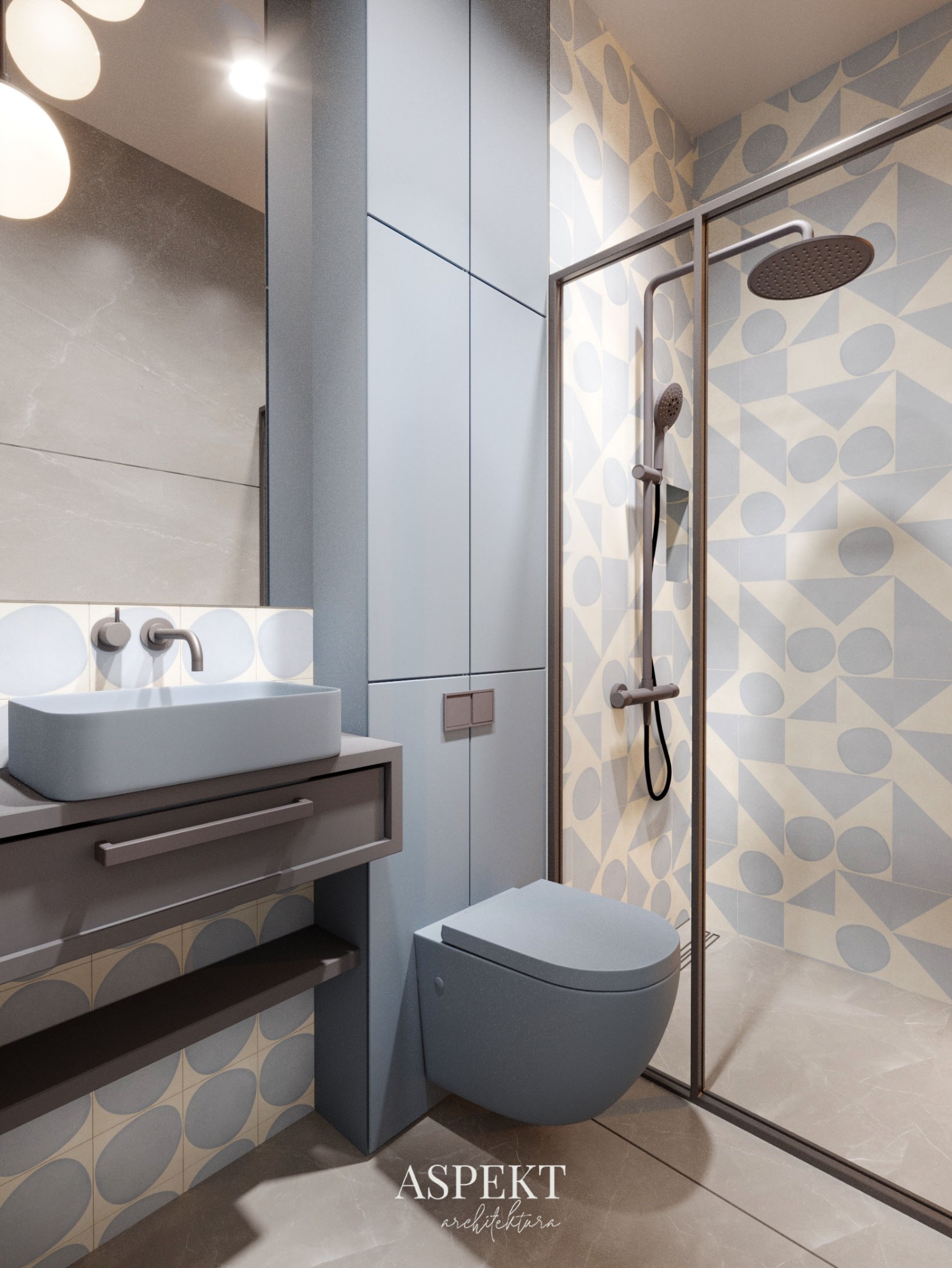 Szaro-błękitna łazienka z geometrycznymi płytkami, wiszącą toaletą i kabiną prysznicową typu walk-in, minimalistyczna umywalka nablatowa.