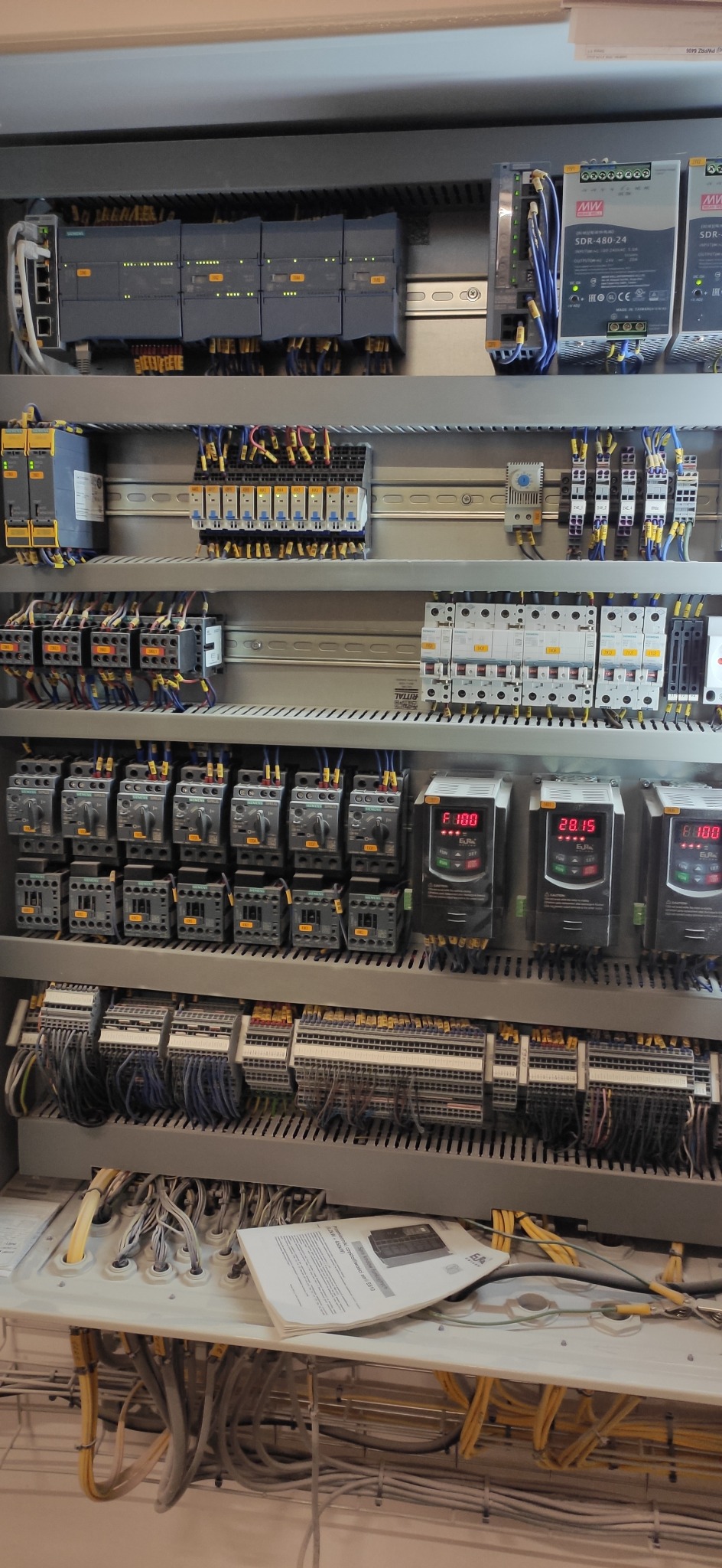 Rozbudowana szafa sterownicza z modułami Siemens, zasilaczami MW Power i sterownikami EU, widoczne liczne przewody i dokumentacja techniczna leżąca na dolnej półce.