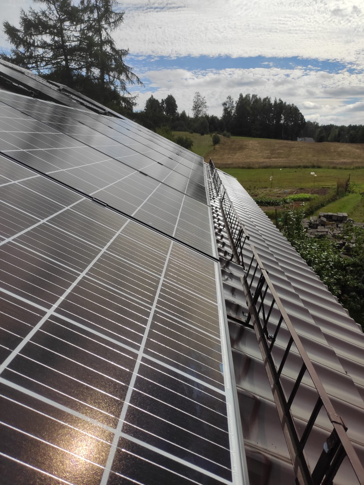Panele fotowoltaiczne zamontowane na dachu domu, widoczne z boku z drabiną dachową, w tle krajobraz wiejski i pochmurne niebo.