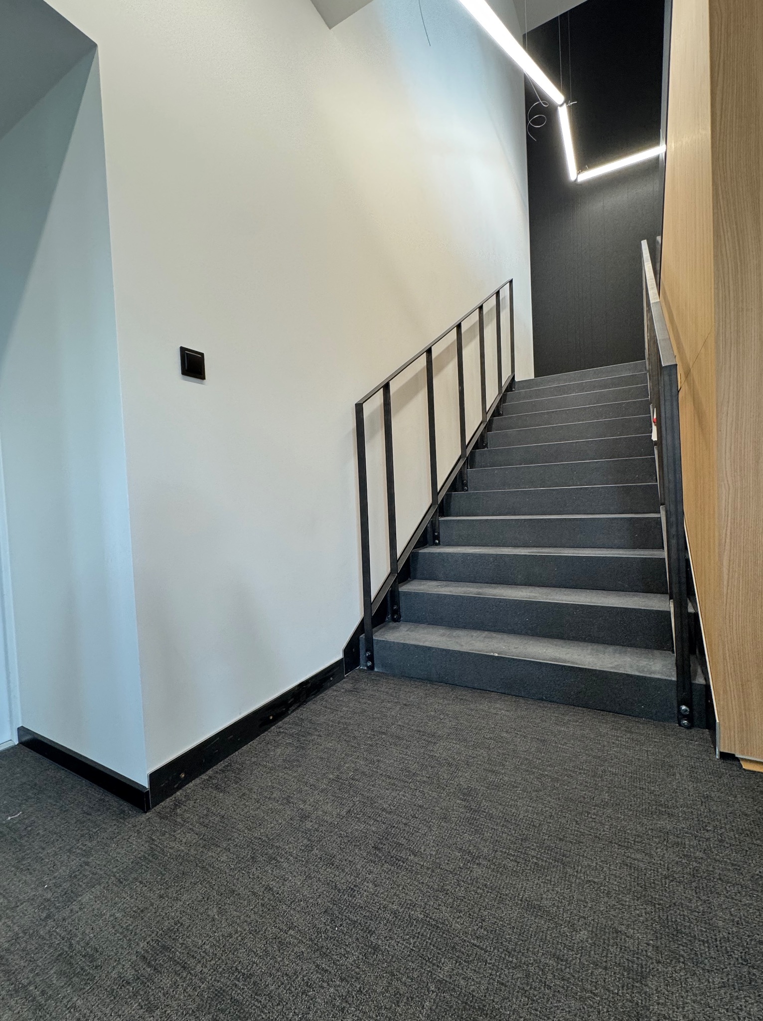 Nowoczesne schody z czarnymi metalowymi poręczami w jasnym wnętrzu. Minimalistyczny design, szare stopnie i wykładzina. Oświetlenie liniowe podkreśla geometrię.