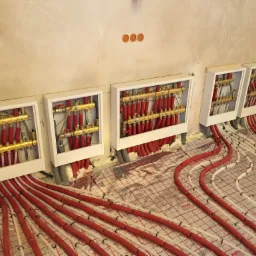 Rozdzielacze ogrzewania podłogowego z czerwonymi i białymi rurkami ułożonymi na folii termoizolacyjnej z siatką, widok instalacji w trakcie montażu w Toruniu.