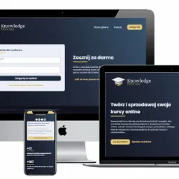 Responsywny design platformy edukacyjnej widoczny na monitorze, laptopie, tablecie i smartfonie, prezentujący interfejs logowania, ofertę kursów online i funkcje platformy.