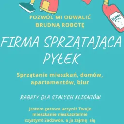 Grafika reklamowa firmy sprzątającej z rysunkowymi ikonami odkurzacza i środków czystości, oferującej sprzątanie mieszkań, domów, apartamentów i biur oraz rabaty dla stałych klientów, z numerem...