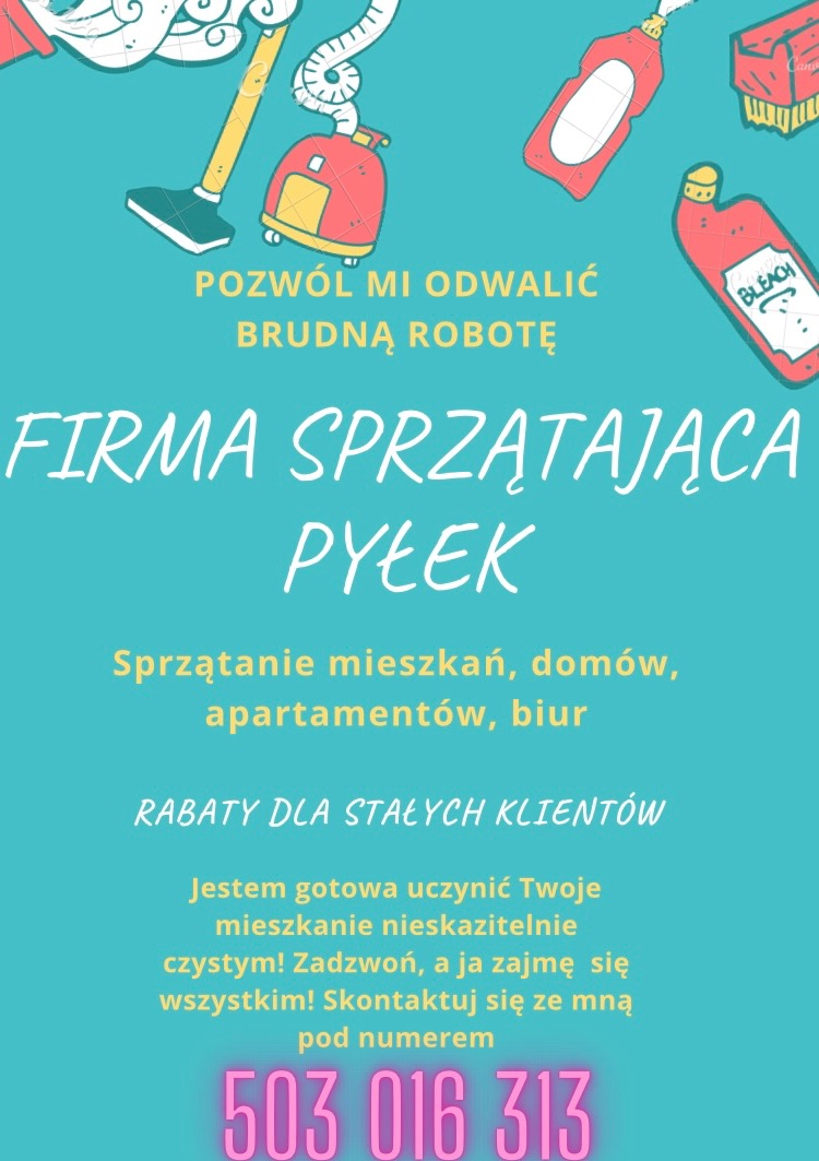 Grafika reklamowa firmy sprzątającej z rysunkowymi ikonami odkurzacza i środków czystości, oferującej sprzątanie mieszkań, domów, apartamentów i biur oraz rabaty dla stałych klientów, z numerem...