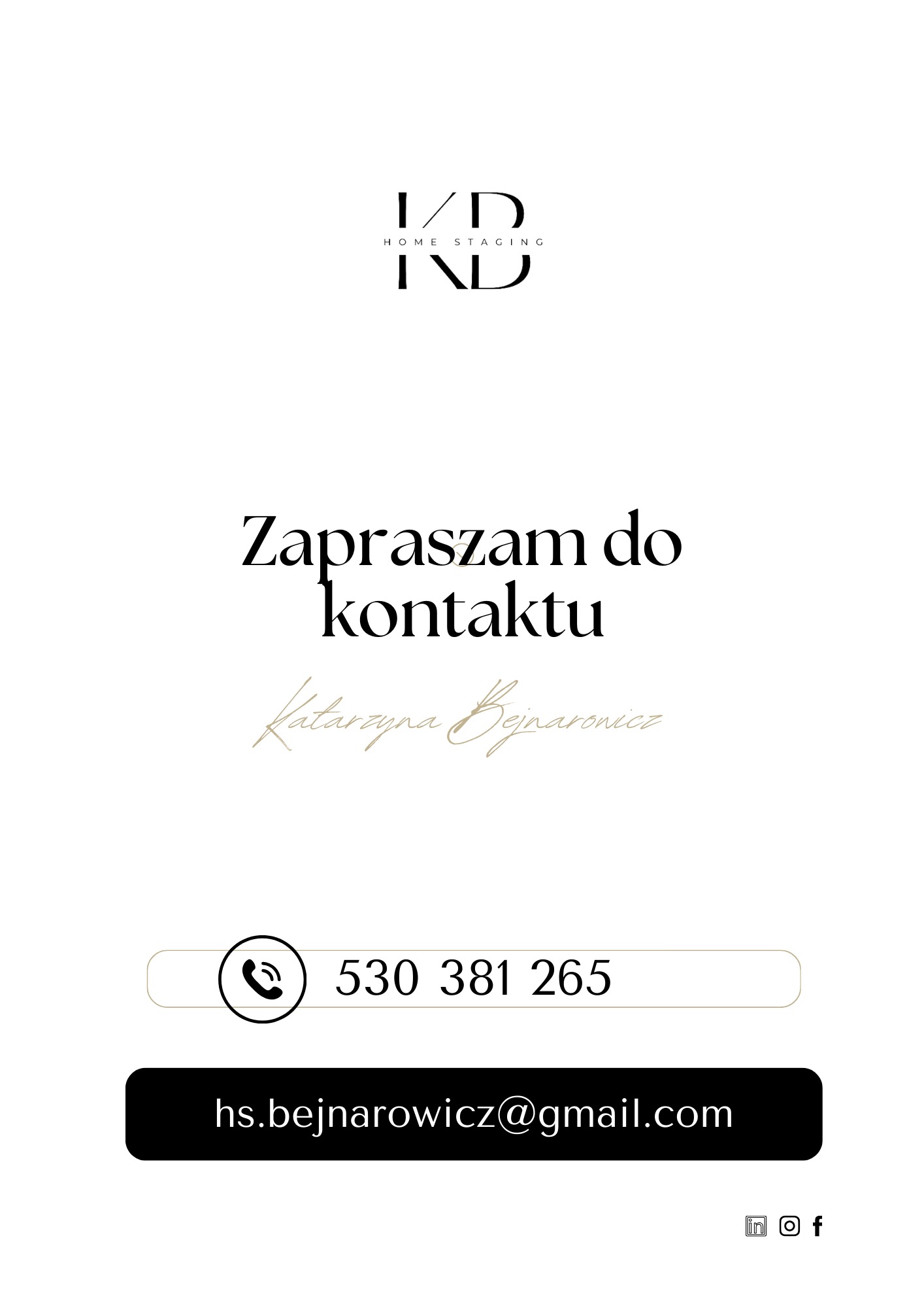 Grafika reklamowa z logo, napisem 'Zapraszam do kontaktu', imieniem i nazwiskiem Katarzyna Bejnarowicz, numerem telefonu, adresem email oraz ikonami mediów społecznościowych.